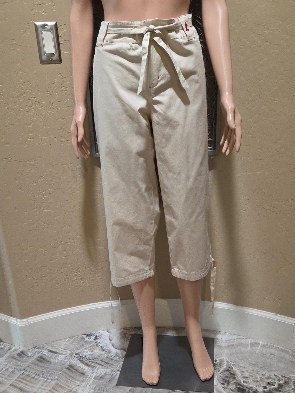 Walt Disney World Women’s Khaki Tie-Waist Cropped Pants With Mickey Mouse Logo